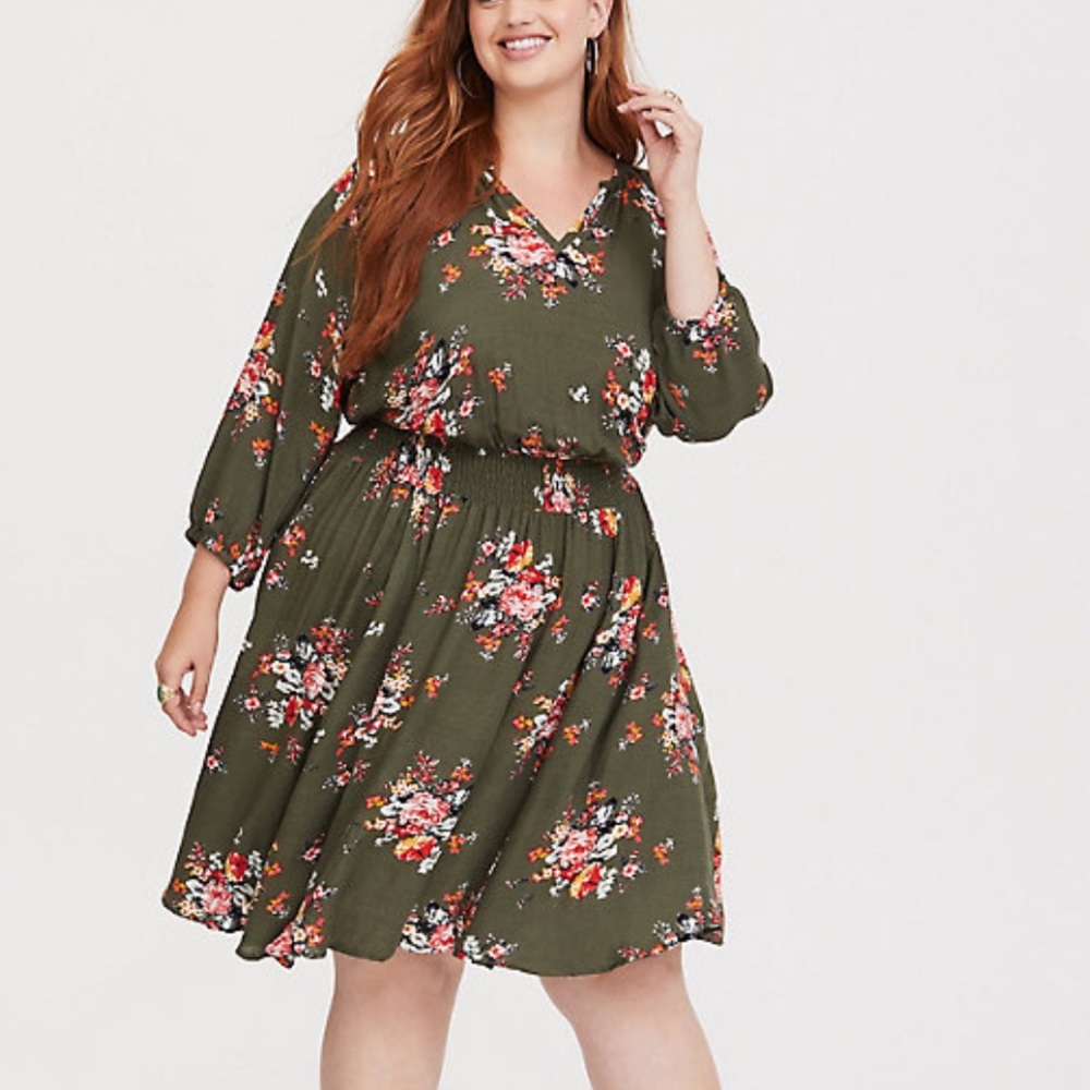 Torrid OLIVE FLORAL SMOCKED SKATER DRESS